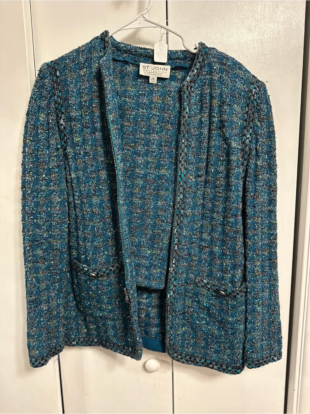 St. John Teal Bouclé Open-Front Jacket